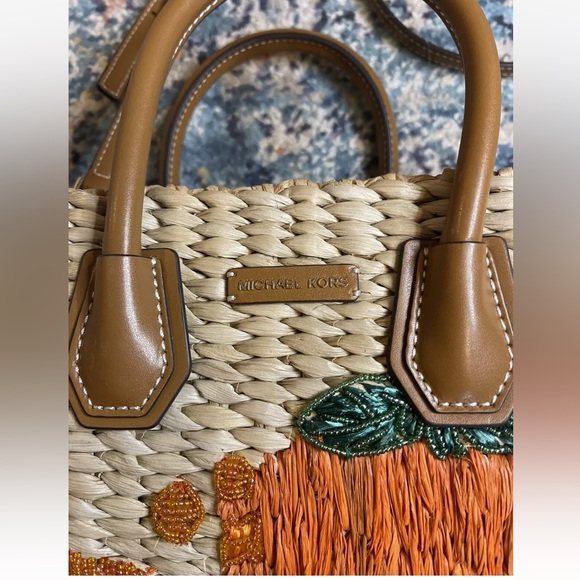 EUC Michael Kors Wicker Purse Handbag Crossbody Embroidered Oranges - Picture 5 of 14